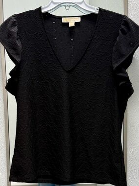 Michael Kors Black Lace V-Neck Ruffle Sleeve Blouse NWOT